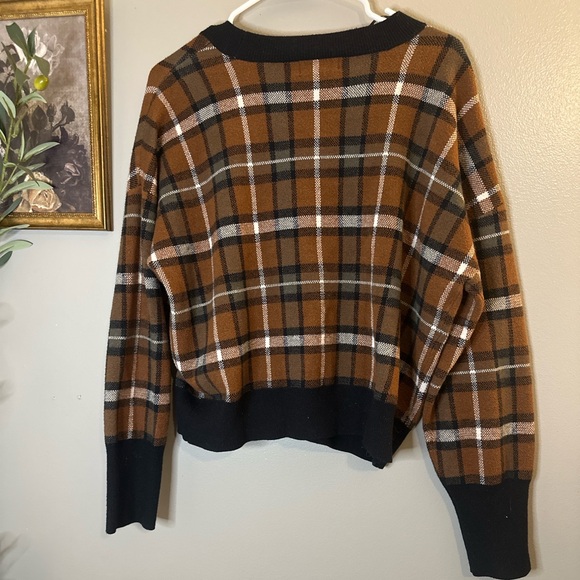 Marled Brown Plaid Cropped Cardigan Sweater XL Academia Preppy Cozy - Picture 6 of 6